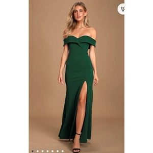 Lulus: Song of Love Hunter Green Off-the-Shoulder Maxi Dress